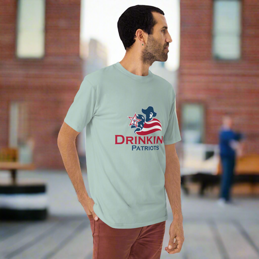 Man wearing t-shirt with Drinking Patriots logo