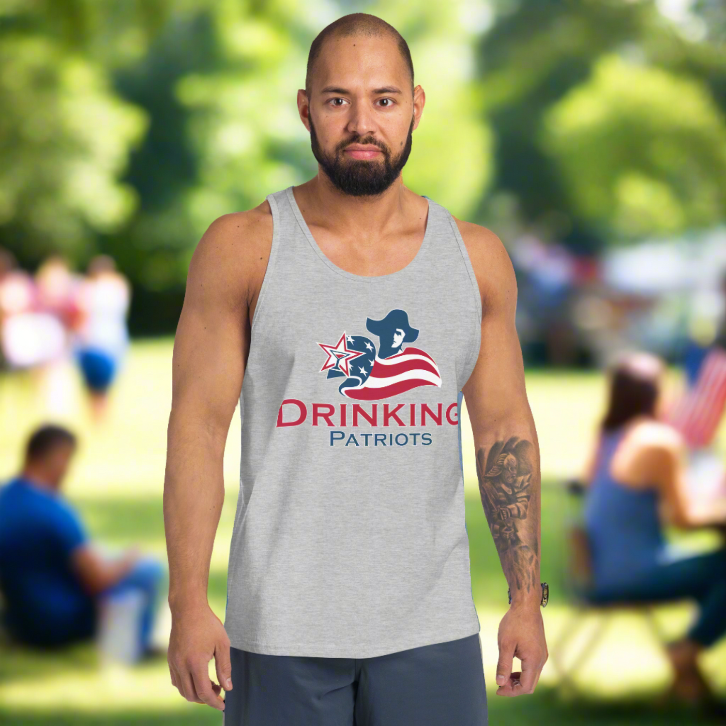 Man Wearing Drinking Patriots tank top