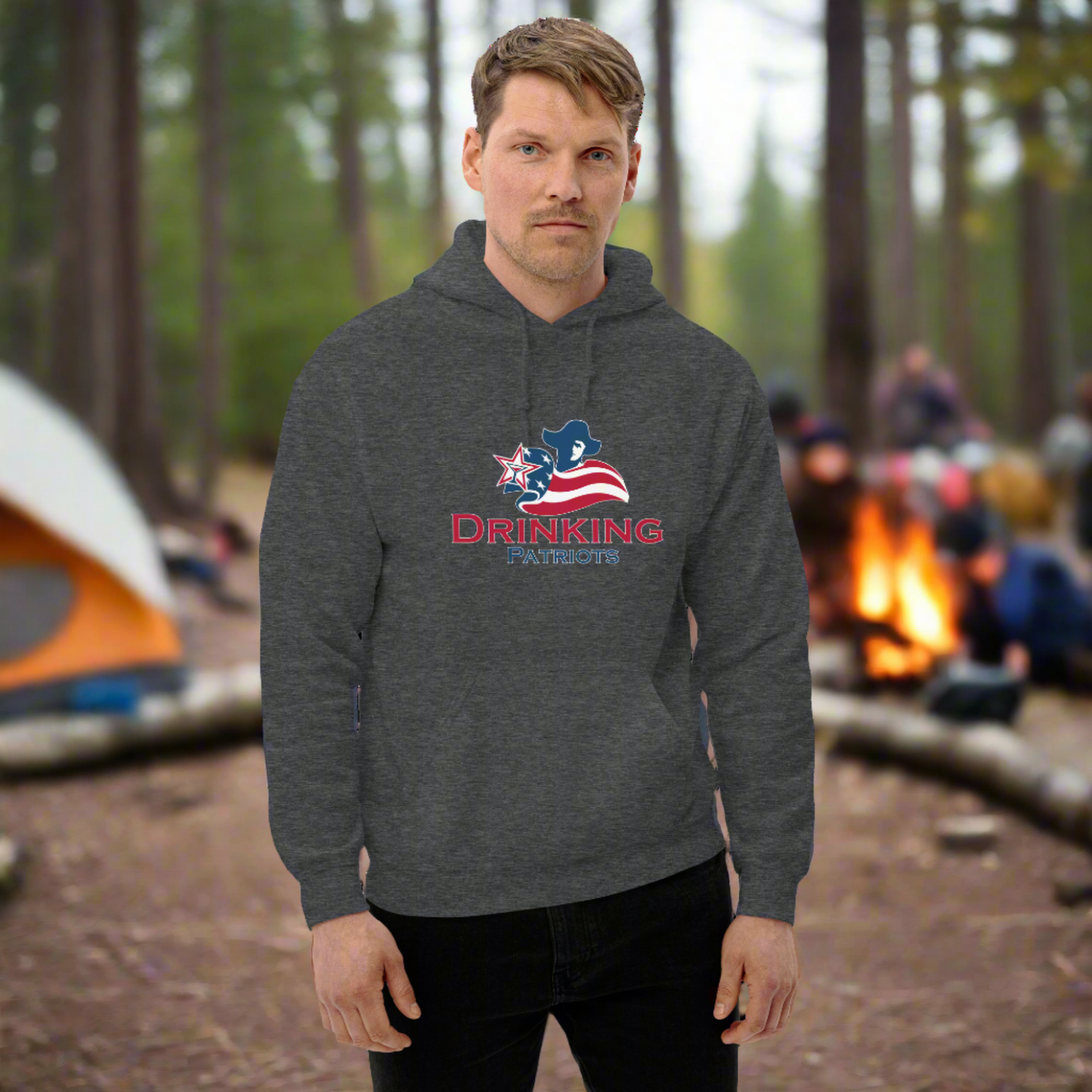 Man wearing hoodie with Drinking Patriots logo