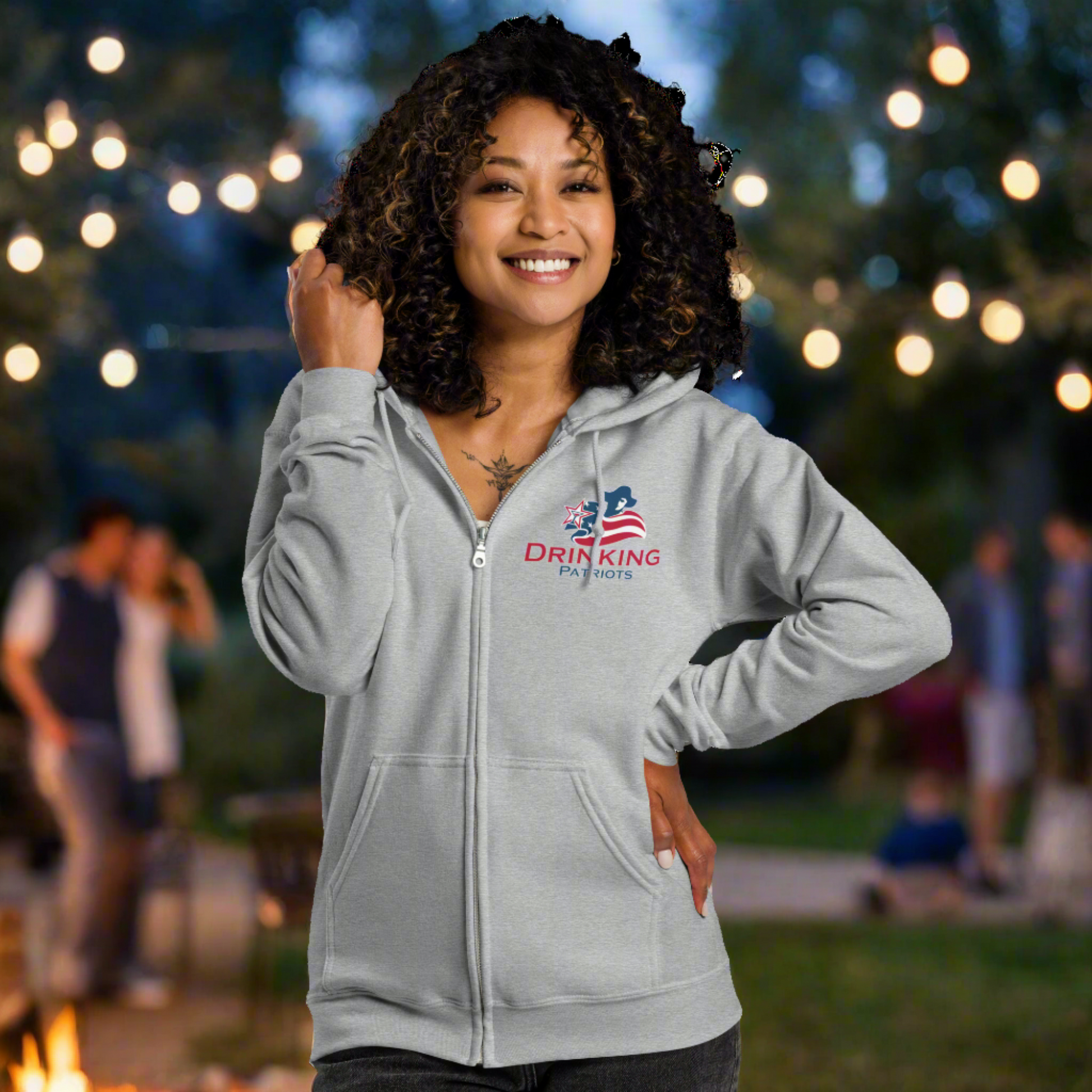 Woman wearing Drinking Patriots hoodie