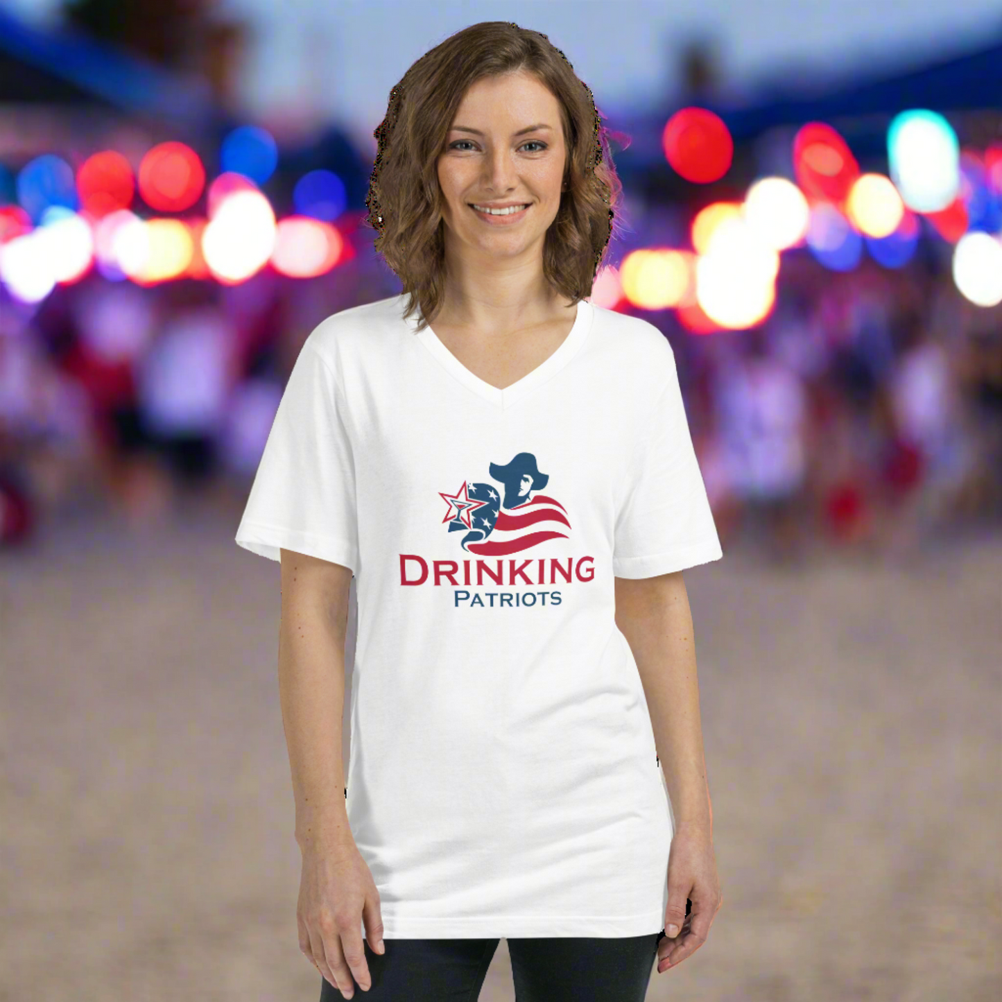 Woman wearing V-neck t-shirt with Drinking Patriots logo