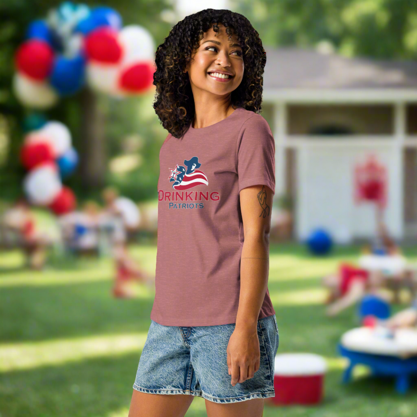 Woman wearing t-shirt with Drinking Patriots logo